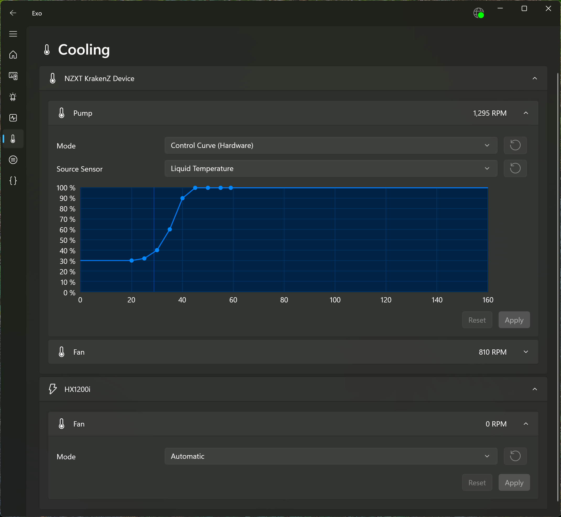 Screenshot of the Cooling page