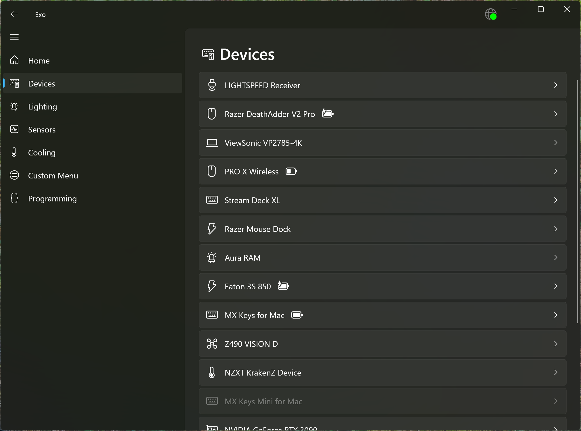 Screenshot of the Devices Page