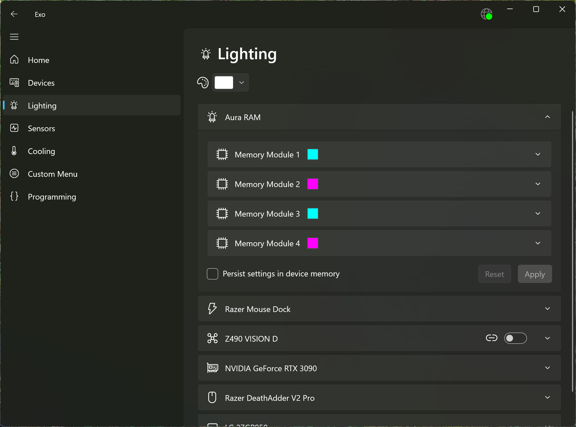 Screenshot of the Lighting page, showing RGB RAM settings