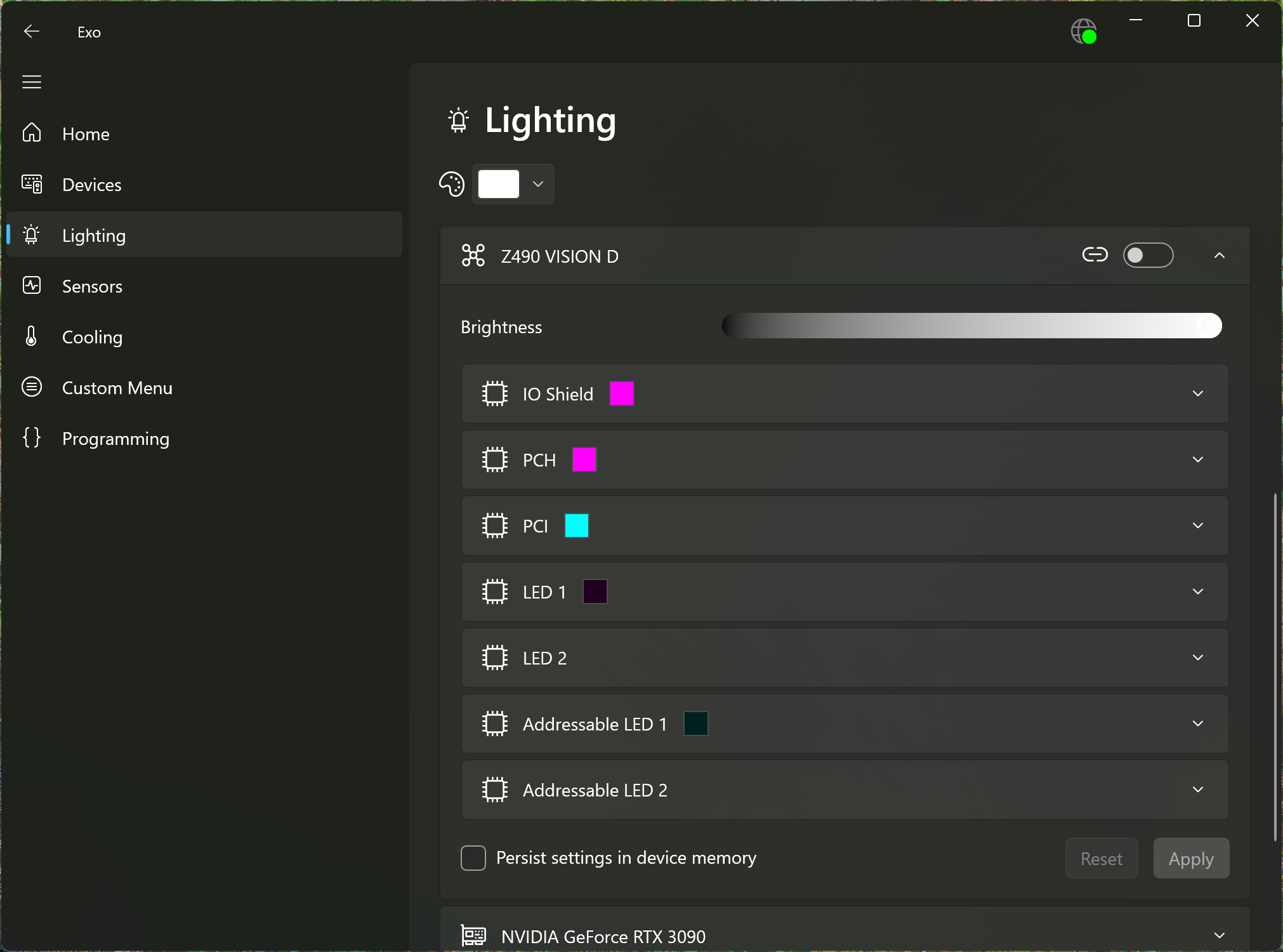 Screenshot of the Lighting page, showing a motherboard with multiple lighting zones