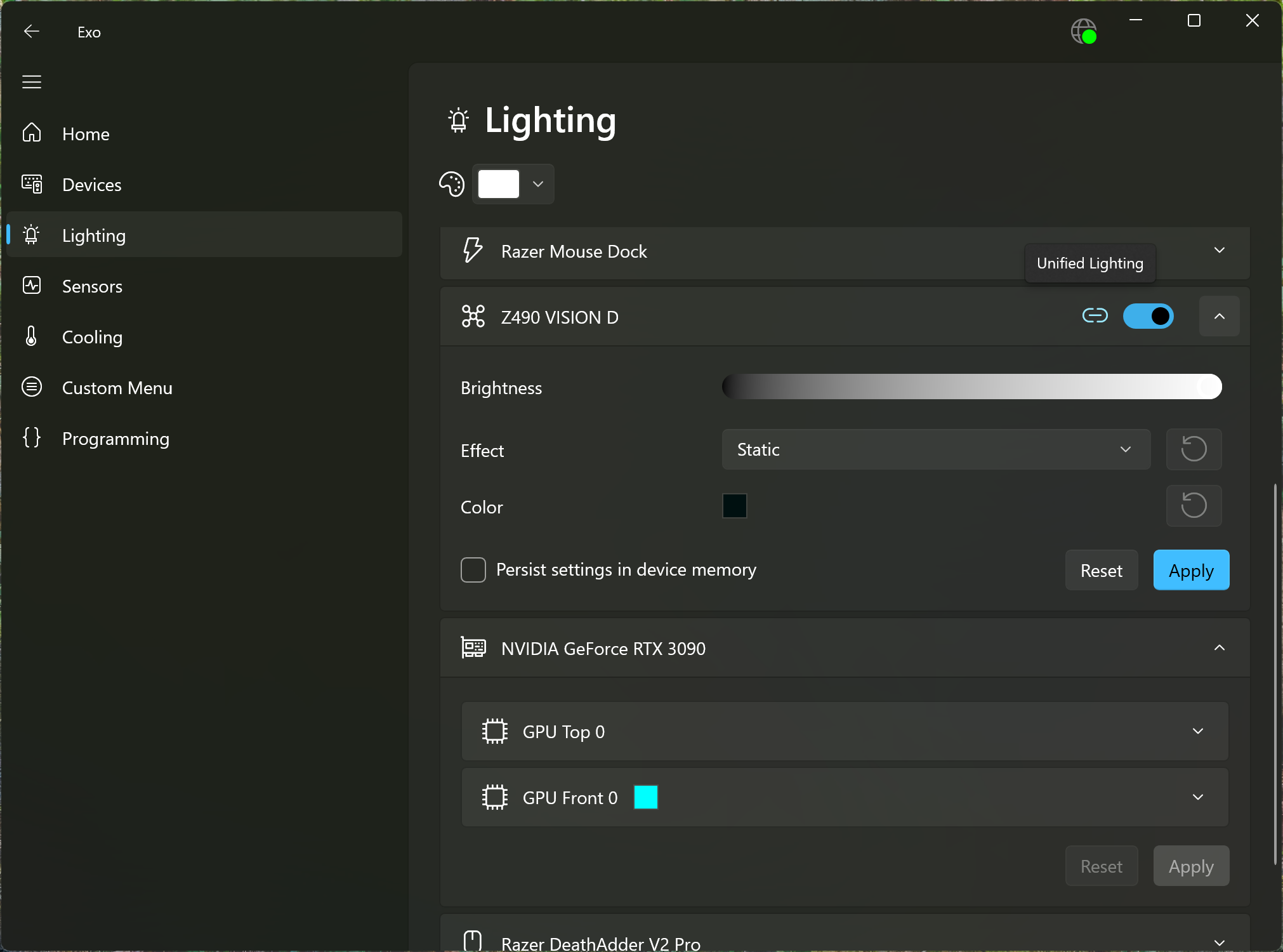 Screenshot of the Lighting page, showing a motherboard with unified lighting