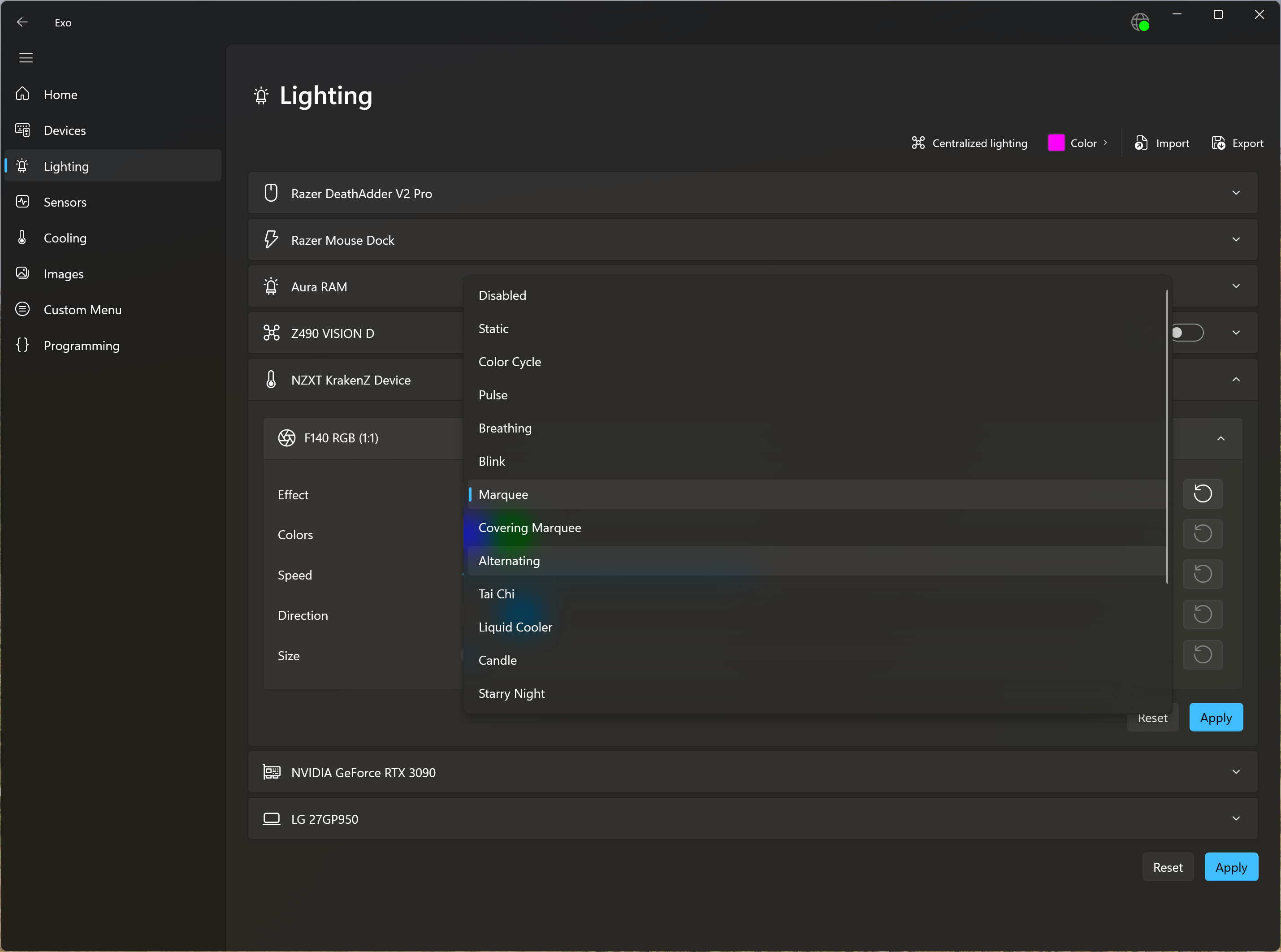 Screenshot of the Lighting page, showing a list of effects for Kraken Z
