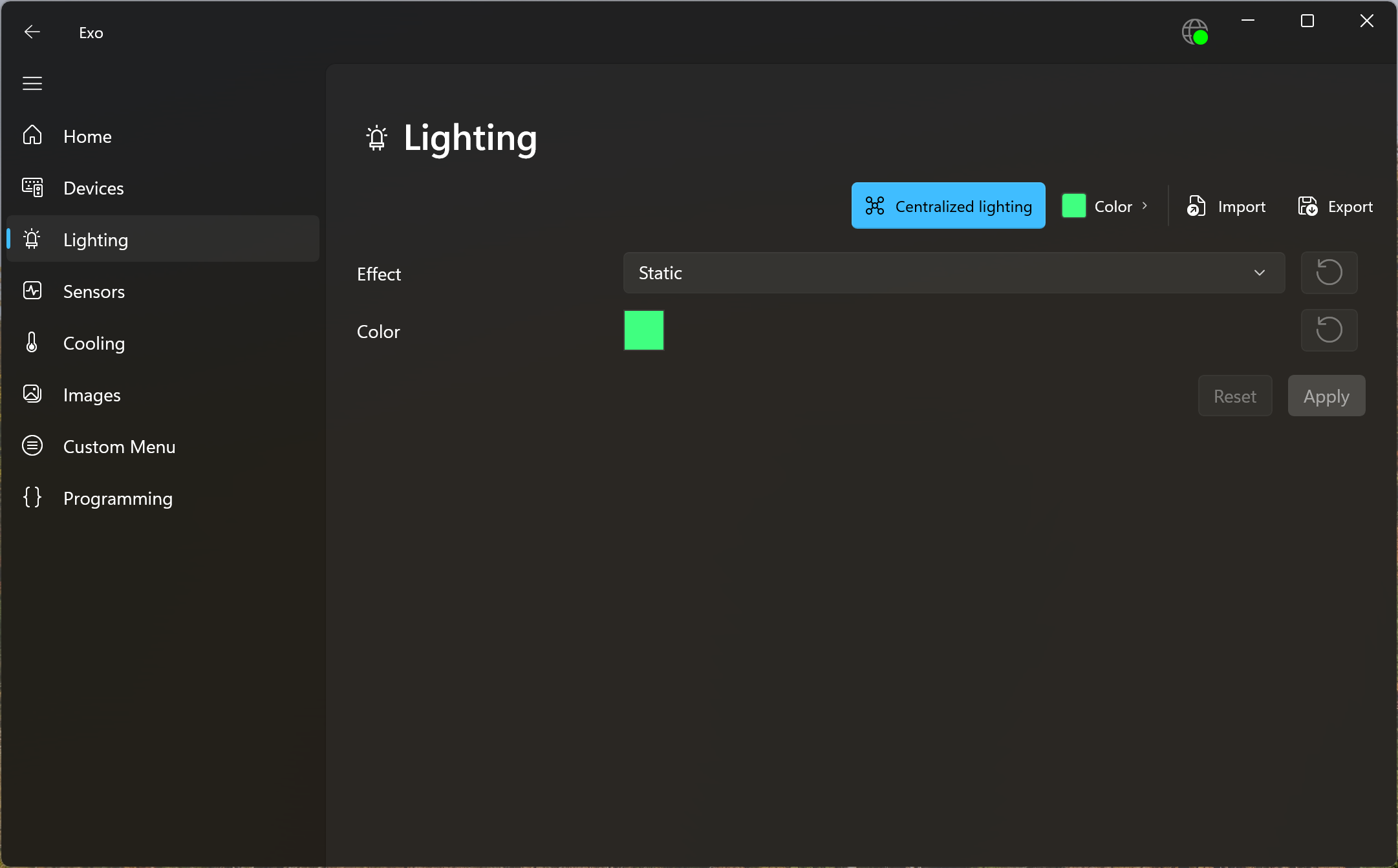 Screenshot of the Lighting page, showing centralized lighting