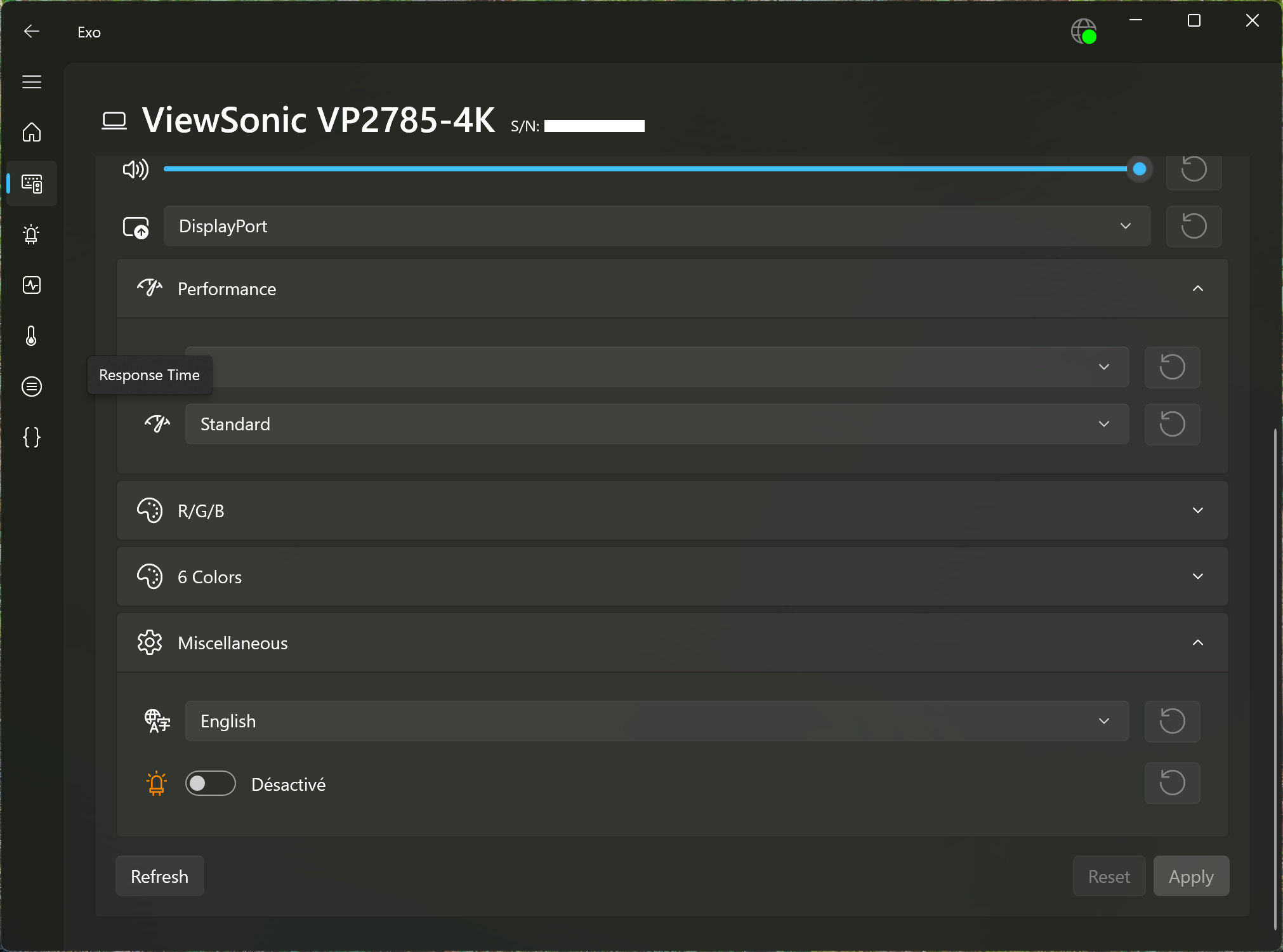 Screenshot of the settings for a ViewSonic Monitor