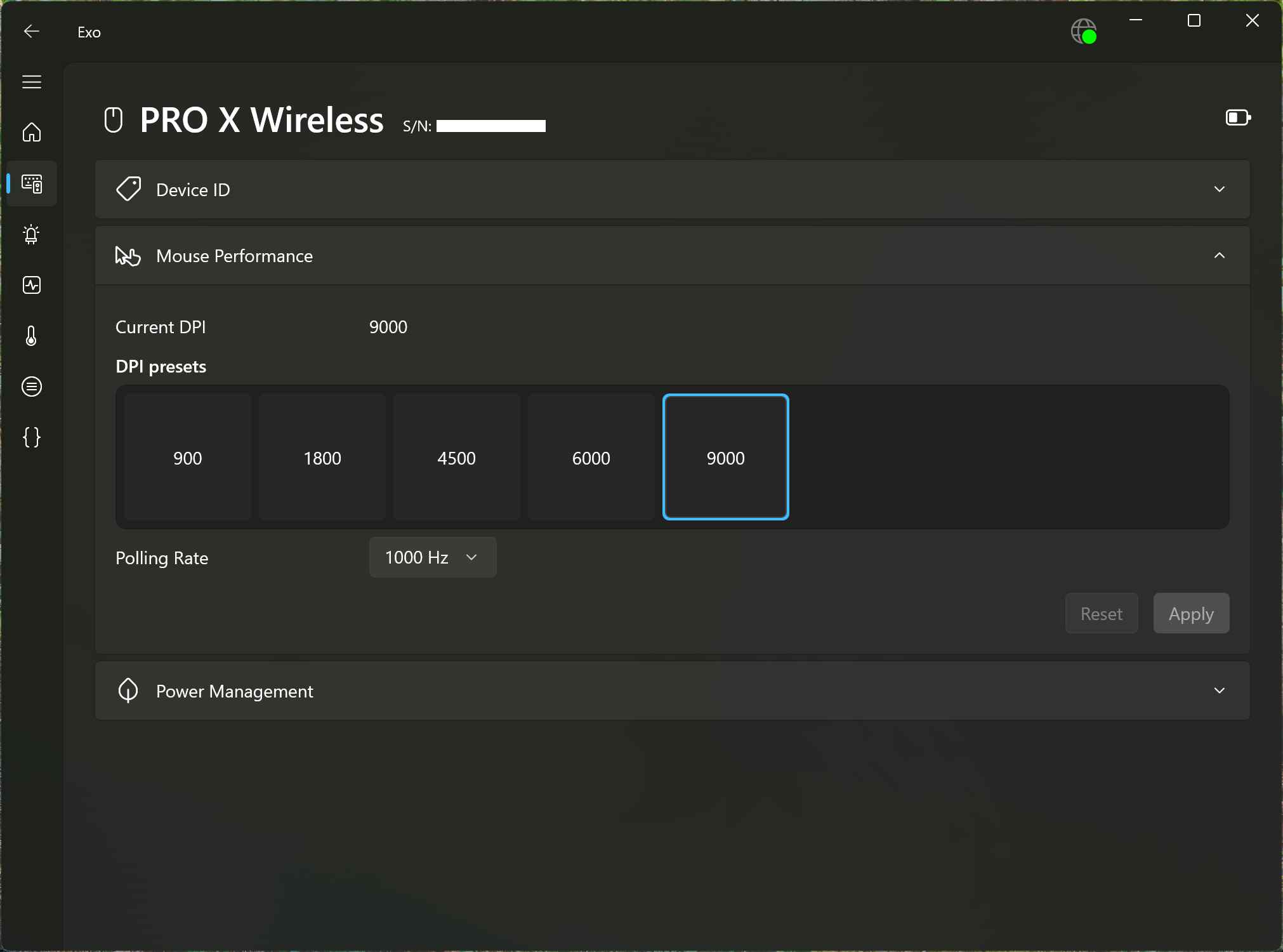 Screenshot of the settings for a Logitech Mouse