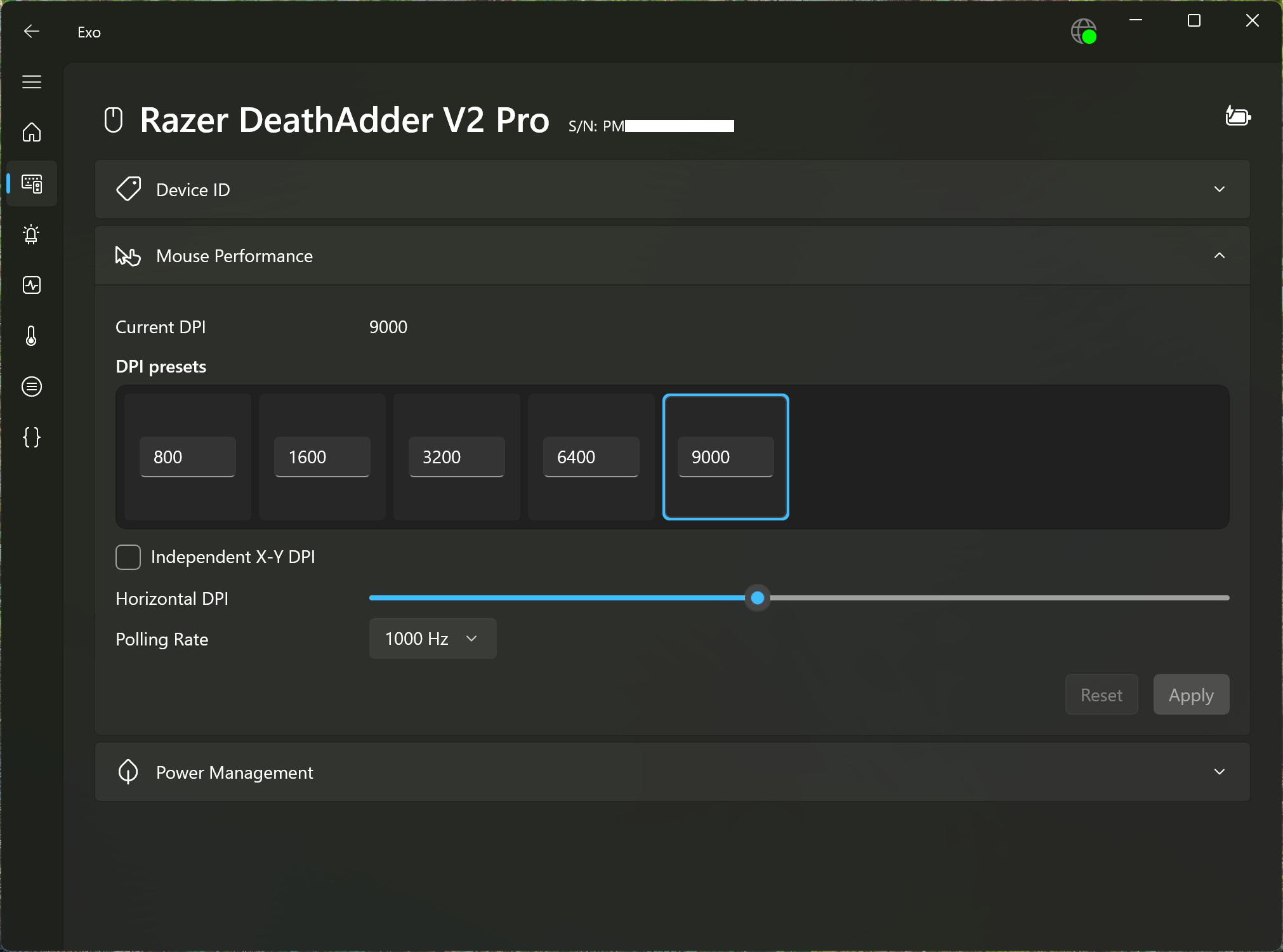 Screenshot of the settings for a Razer Mouse