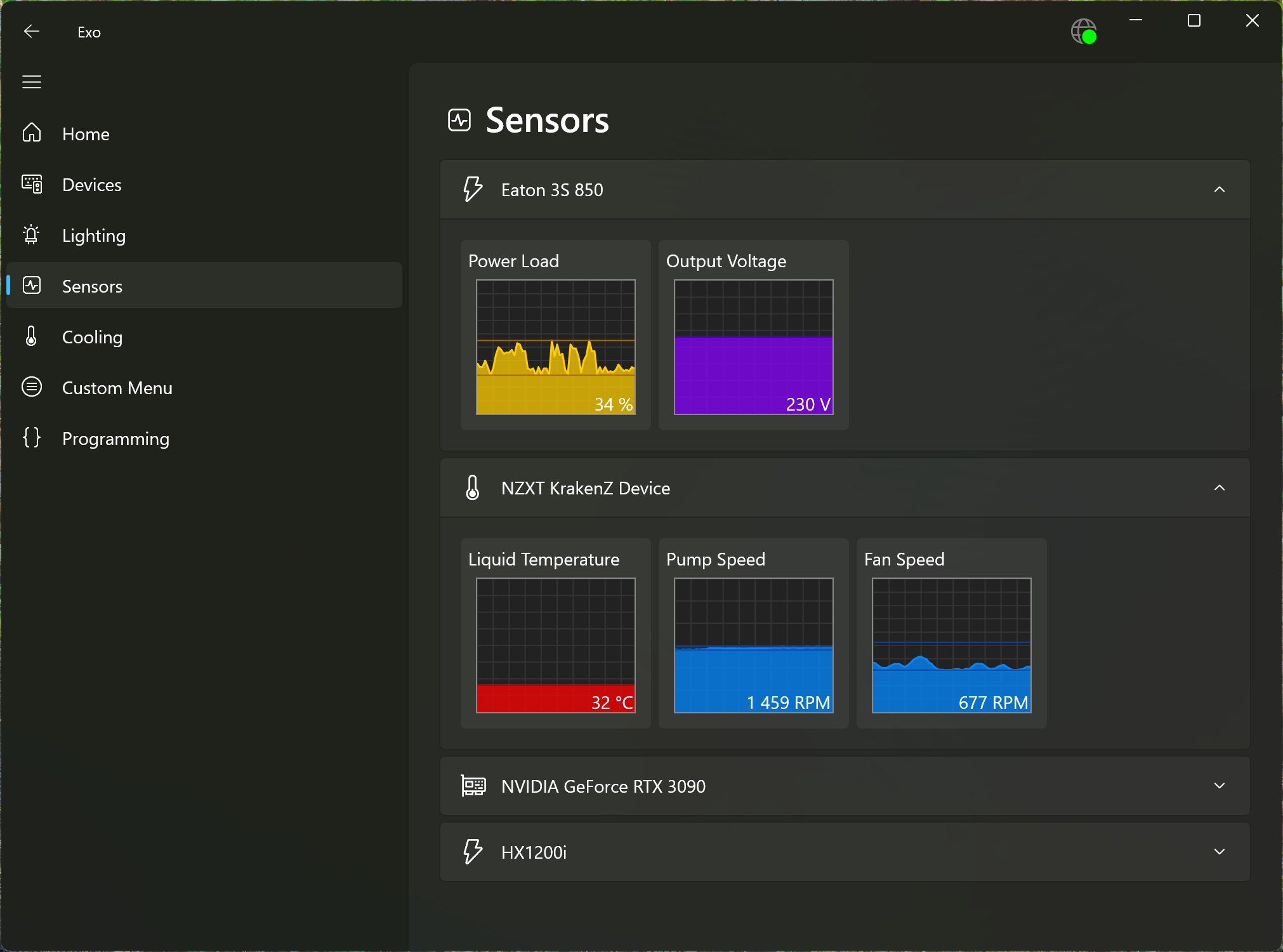 Screenshot of the Sensors page