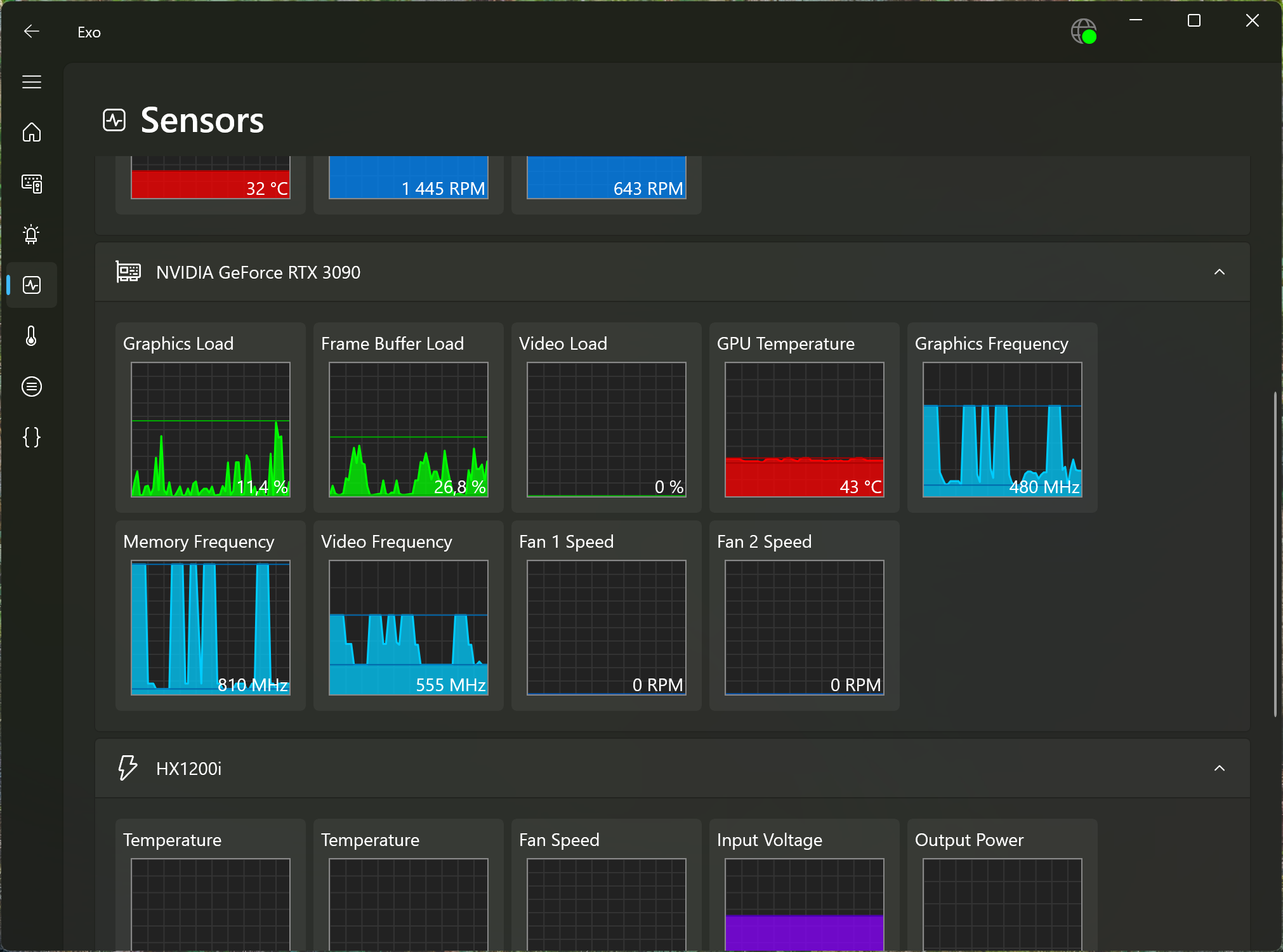 Screenshot of the Sensors page